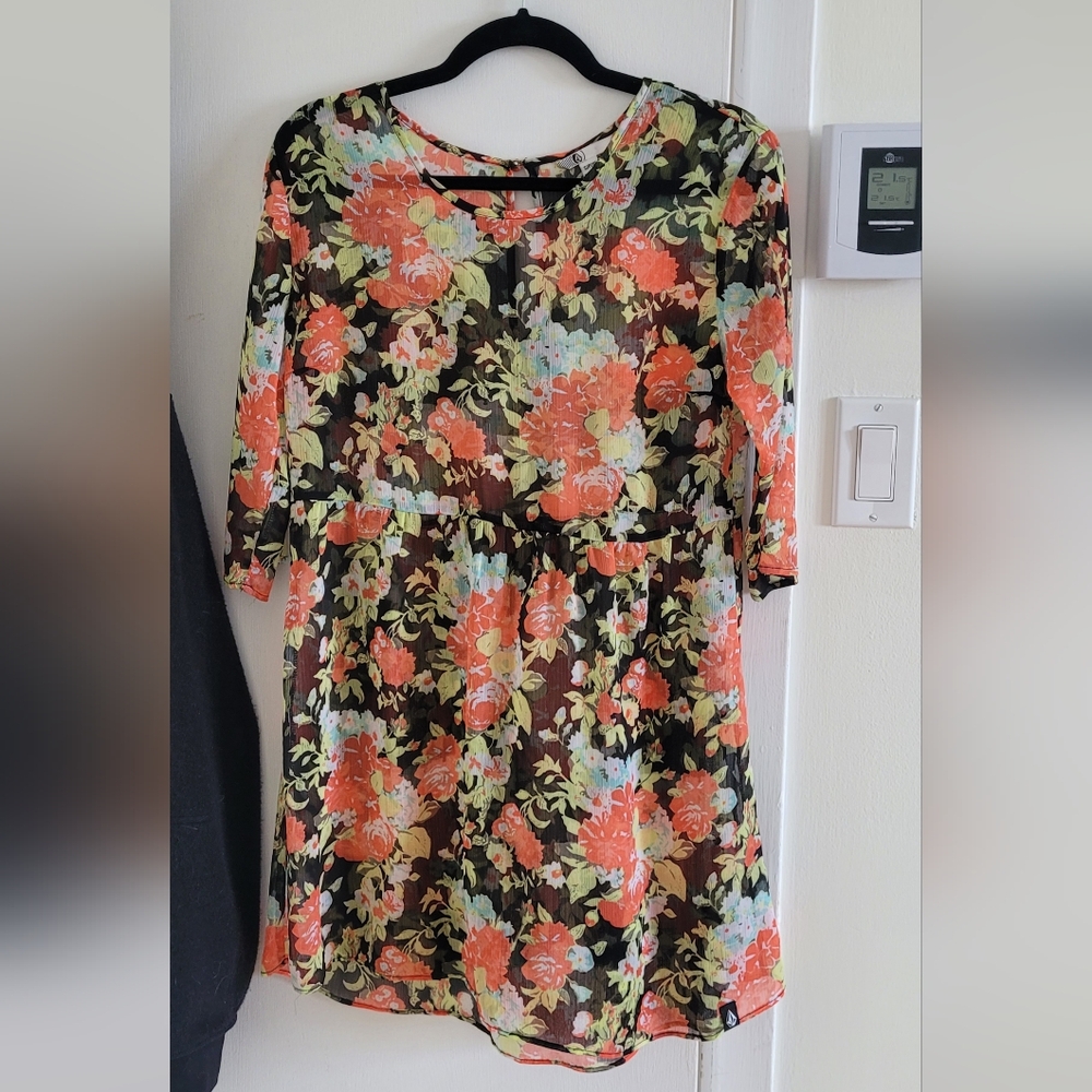 Volcom Black and Orange Mini Sundress Crew Neck
